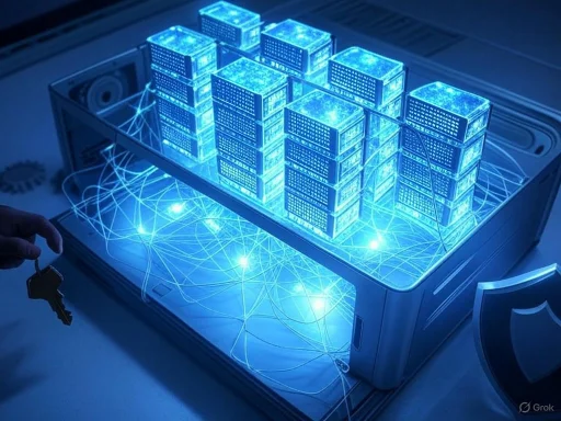 A digital illustration of servers in a data center with glowing blue network connections.