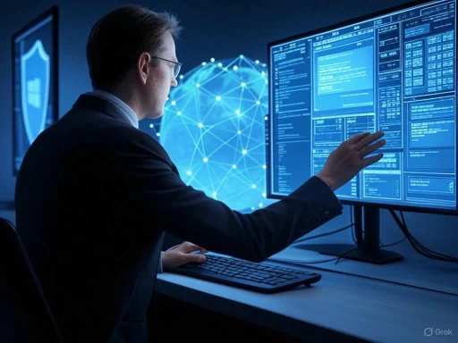 A man in a business suit working on multiple digital screens displaying code and data analysis in a high-tech environment.