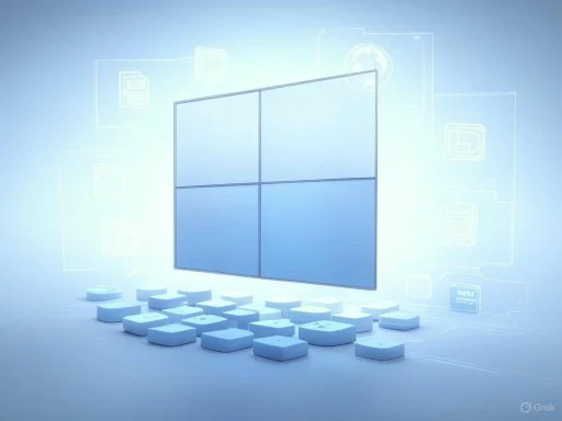 A digital illustration of a Windows logo made up of illuminated blue tiles on a futuristic, tech-themed background.
