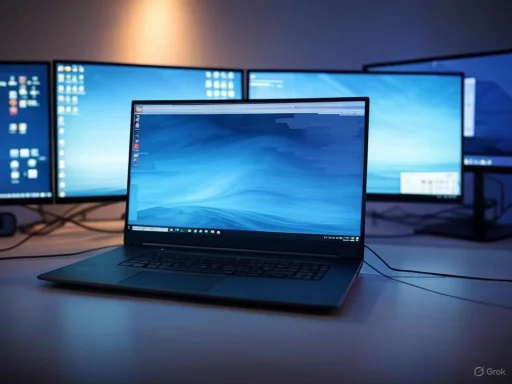 A laptop connected to multiple screens in a dimly lit workspace for multi-monitor computing.