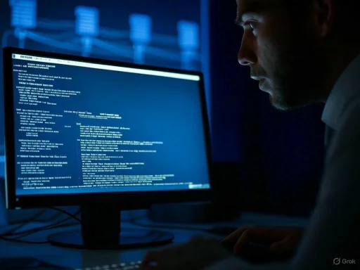 A person analyzes code on a computer screen in a dark, high-tech environment.
