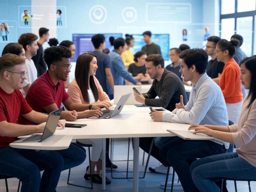 Diverse group of people collaborating and working on laptops and phones in a modern, bright office.