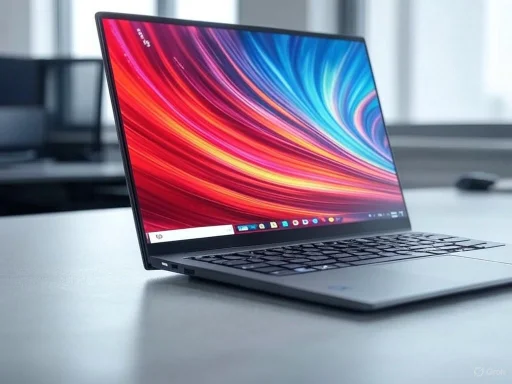 A sleek, modern laptop with a vibrant, colorful display on a white desk.