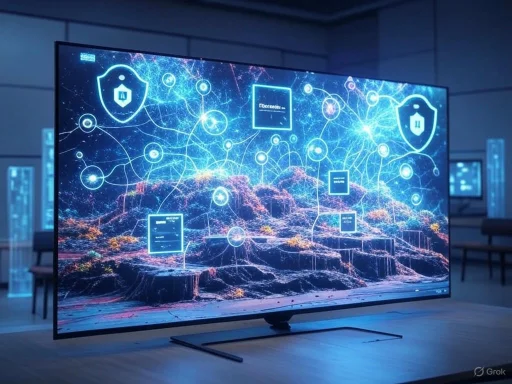 A digital display showing a connected neural network with security shields, data modules, and a mountainous background.