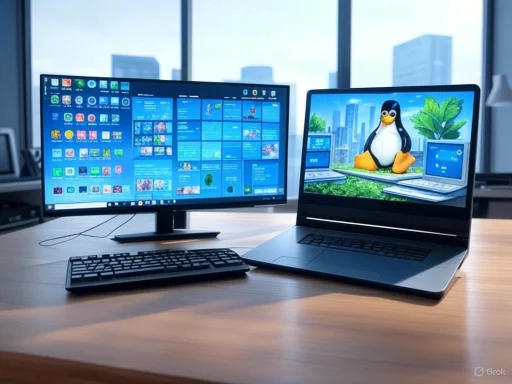 A dual-monitor computer setup with a keyboard on a wooden desk, displaying colorful apps and a Linux Tux mascot wallpaper.