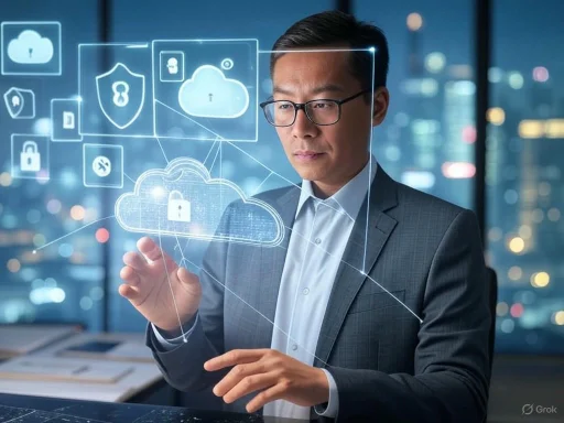 A man in a suit interacts with virtual cloud security icons in a modern office setting.