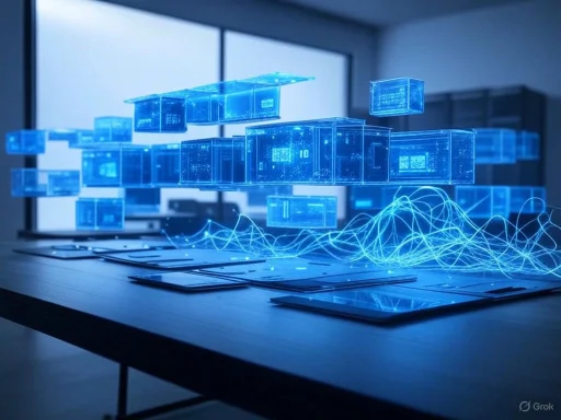 A futuristic digital hologram of floating blue data blocks on a table, connected by glowing circuits, in a high-tech room.