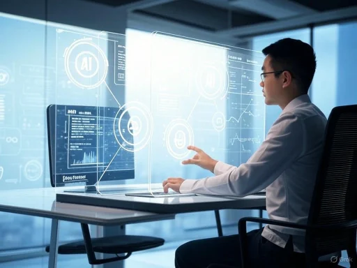 A man interacts with transparent digital interfaces displaying AI graphics and data in a modern office setting.