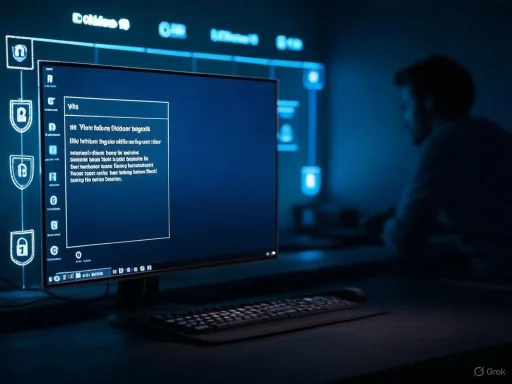 A person working on a computer with multiple screens displaying cybersecurity or hacking information in a dark room.