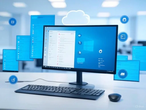 A computer setup with multiple floating screens showcasing cloud computing and digital organization in a modern office.