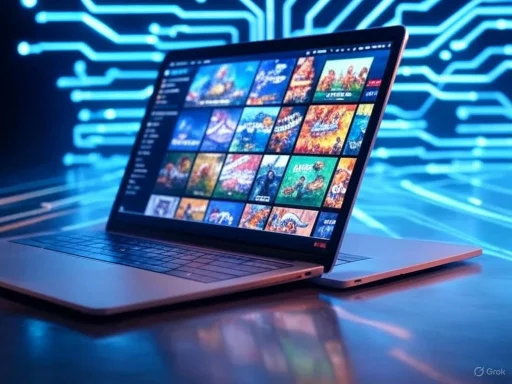 A laptop displaying digital artwork or game thumbnails against a futuristic blue circuit background.