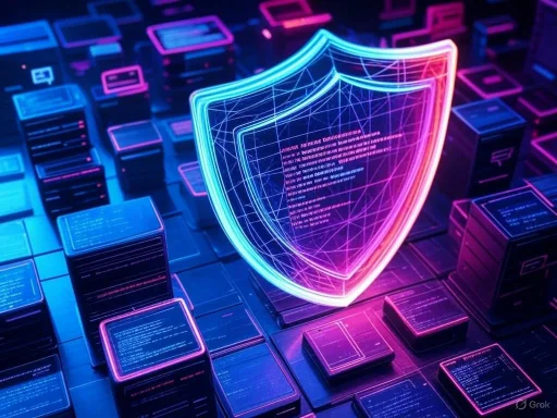 A glowing digital shield representing cybersecurity protects a network of data blocks.