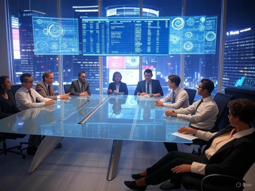 Business meeting with holographic displays and cityscape view behind.