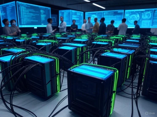 A high-tech control room with rows of servers and multiple large screens displaying data, with people analyzing information.