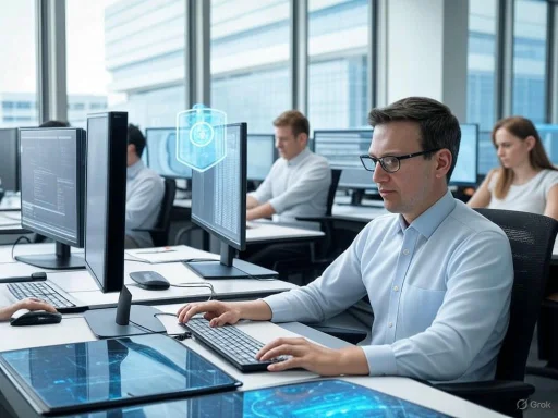 Office workers focus on their computers in a modern, glass-walled workspace. Office workers focus on their computers in a modern, glass-walled workspace.