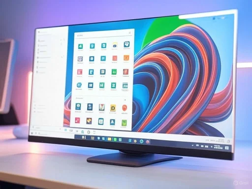 A sleek, curved computer monitor displays a colorful desktop with app icons on a white desk in a modern setting. A sleek, curved computer monitor displays a colorful desktop with app icons on a white desk in a modern setting.