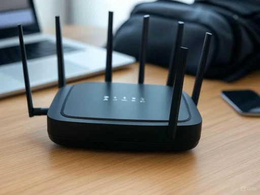 A wireless router with multiple antennas on a wooden desk, alongside a laptop, backpack, and smartphone.