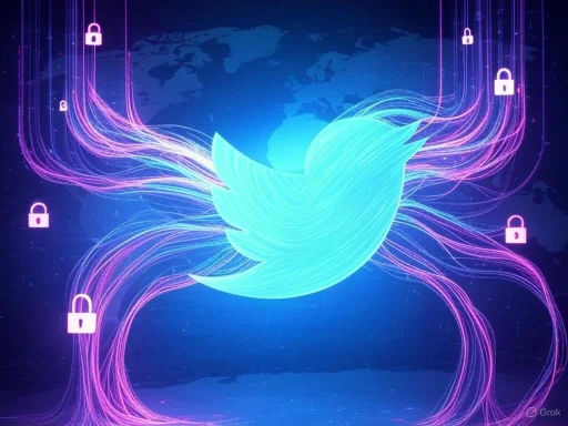The image depicts the Twitter logo surrounded by digital lines and padlock icons, symbolizing online security and privacy.
