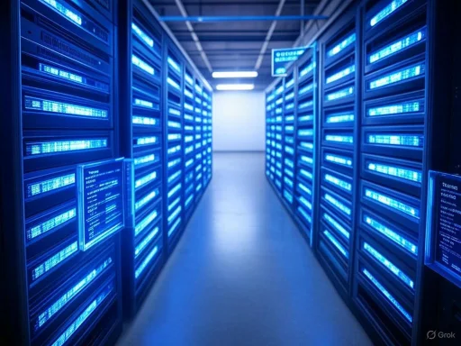 A narrow aisle between rows of illuminated blue server racks in a data center.
