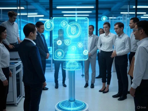 A diverse group of professionals observes a holographic digital interface in a modern office setting. A diverse group of professionals observes a holographic digital interface in a modern office setting.