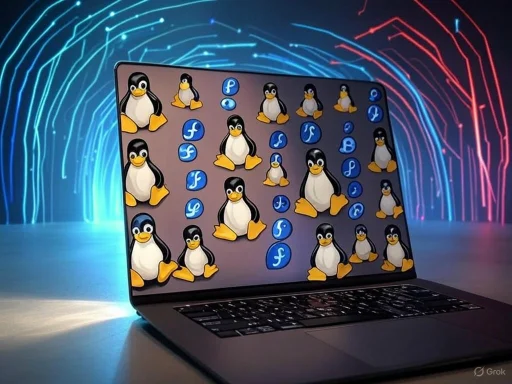 A laptop screen displays Linux Tux penguin icons and logo symbols, with colorful digital wave patterns in the background.