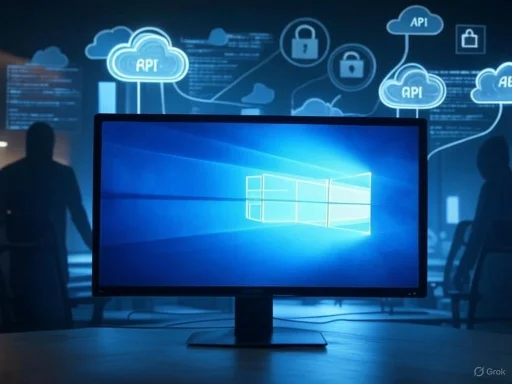 A computer monitor displaying the Windows logo, with digital cloud, API, and security icons in a tech-focused environment.