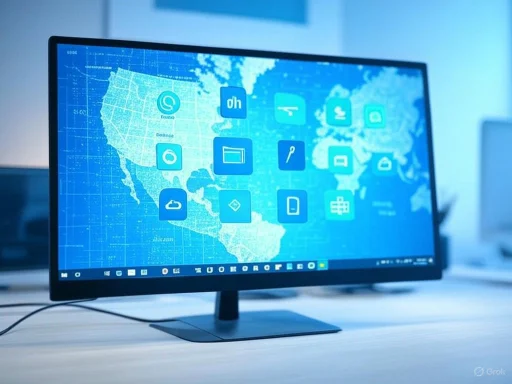 A computer monitor displaying a world map with various digital app icons, likely related to global data or communication.
