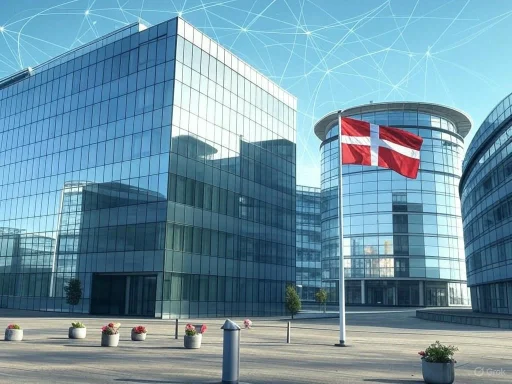 Modern glass buildings with Danish flags, flowers, and minimalist landscaping under a digital network overlay.
