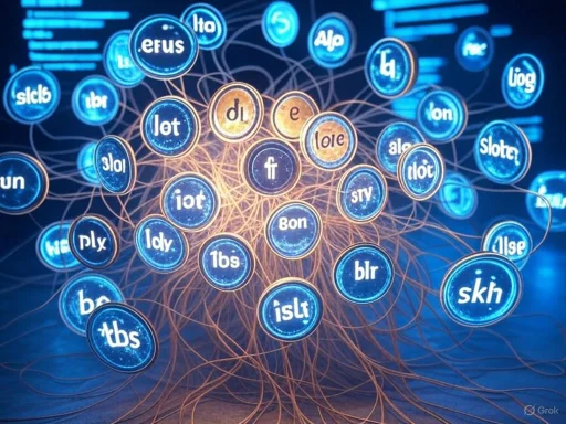 A digital network visualization of internet domain extensions (TLDs) interconnected with glowing lines.