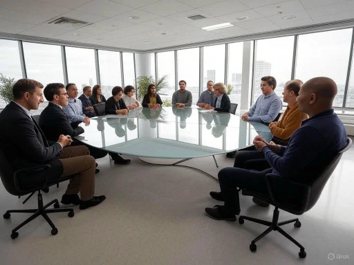 A diverse group of professionals is engaged in a formal meeting in a modern, bright conference room with large windows.