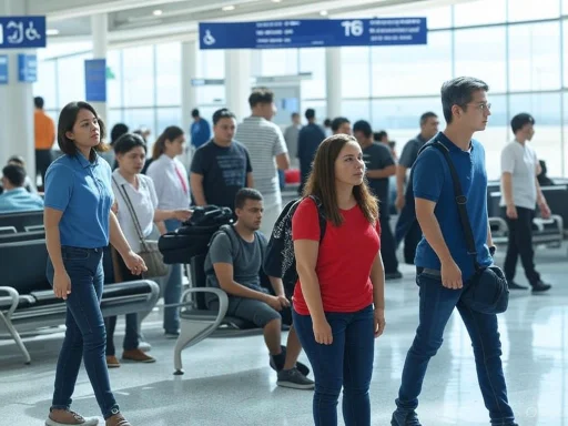 Passengers wait in line at an airport terminal check-in or boarding area.