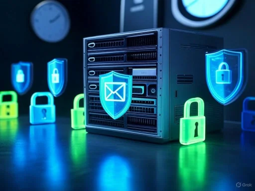 A server surrounded by illuminated security shields and padlocks symbolizing cybersecurity and data protection. A server surrounded by illuminated security shields and padlocks symbolizing cybersecurity and data protection.