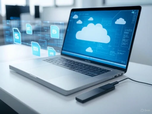 A laptop with a cloud computing interface on the screen, connected to external storage, indicating data cloud storage.