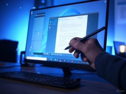 A person uses a stylus to write on a computer screen displaying a document in a dimly lit environment.