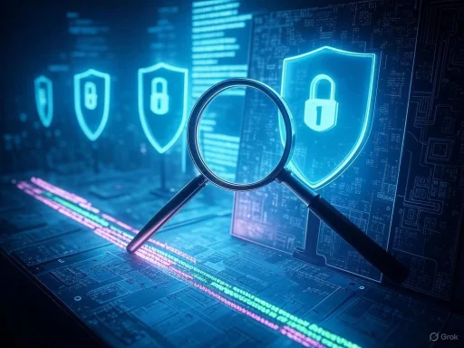 A magnifying glass examines a digital security shield on a computer screen with lock icons, symbolizing cybersecurity analysis.