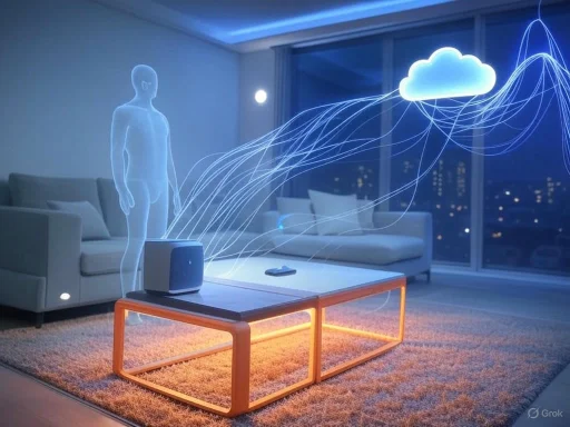 A holographic human figure interacts with a cloud-connected device inside a modern living room at night.