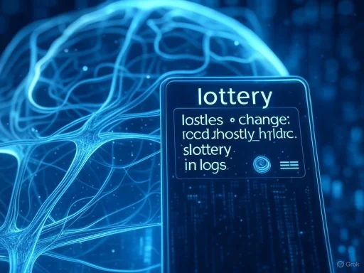 A digital display shows a jumbled lottery message amid a futuristic, neural-network-inspired background.