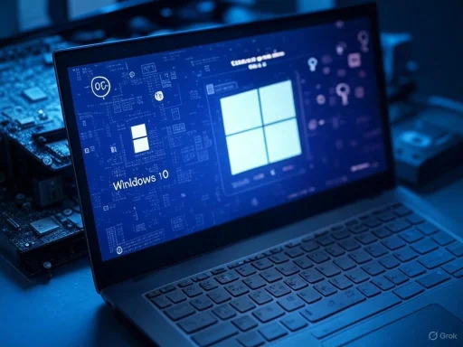 A laptop displays a Windows 10 startup screen with a hardware circuit board in the background.