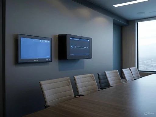 Empty conference room with a long table, beige chairs, and two mounted screens near a large window.