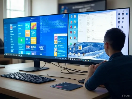 A person works at a dual-monitor setup displaying Windows desktop screens in an office environment.