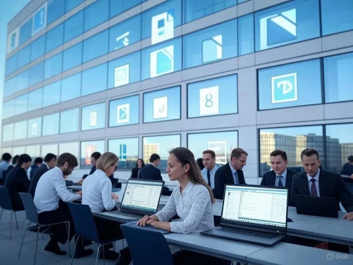 Business professionals working on laptops in an outdoor office or meeting space next to a modern glass building.