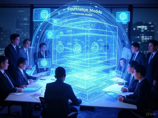 Businesspeople in a meeting observe a holographic digital model titled 'Foundation Model' in a high-tech, futuristic setting.