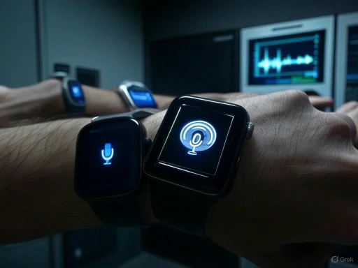 Smartwatches in a control room displaying microphone and recording icons, possibly monitoring audio signals.