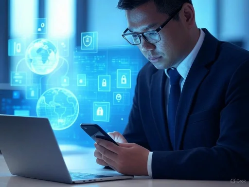 A businessman in a suit uses a smartphone with digital security icons and globe graphics in the background.