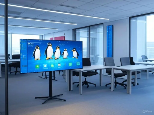 An empty conference room with a large monitor displaying cartoon penguins on a blue background.