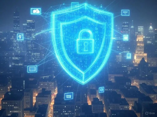 Digital security concept with a glowing shield and lock over a cityscape at night.