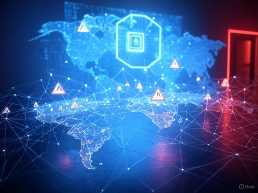 A digital world map with interconnected nodes and warning symbols, highlighting global cybersecurity threats. A digital world map with interconnected nodes and warning symbols, highlighting global cybersecurity threats.