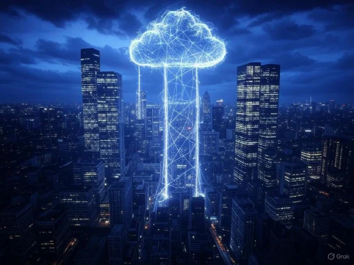 A digital illustration of a glowing cloud with a lightning bolt, over a city skyline at night.