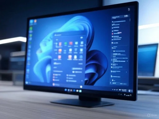 A computer monitor displaying the Windows 11 desktop with an open app window, set on a desk in a modern office.