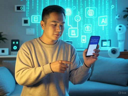 A man uses a smartphone in a tech-filled room with digital icons and blue lighting.